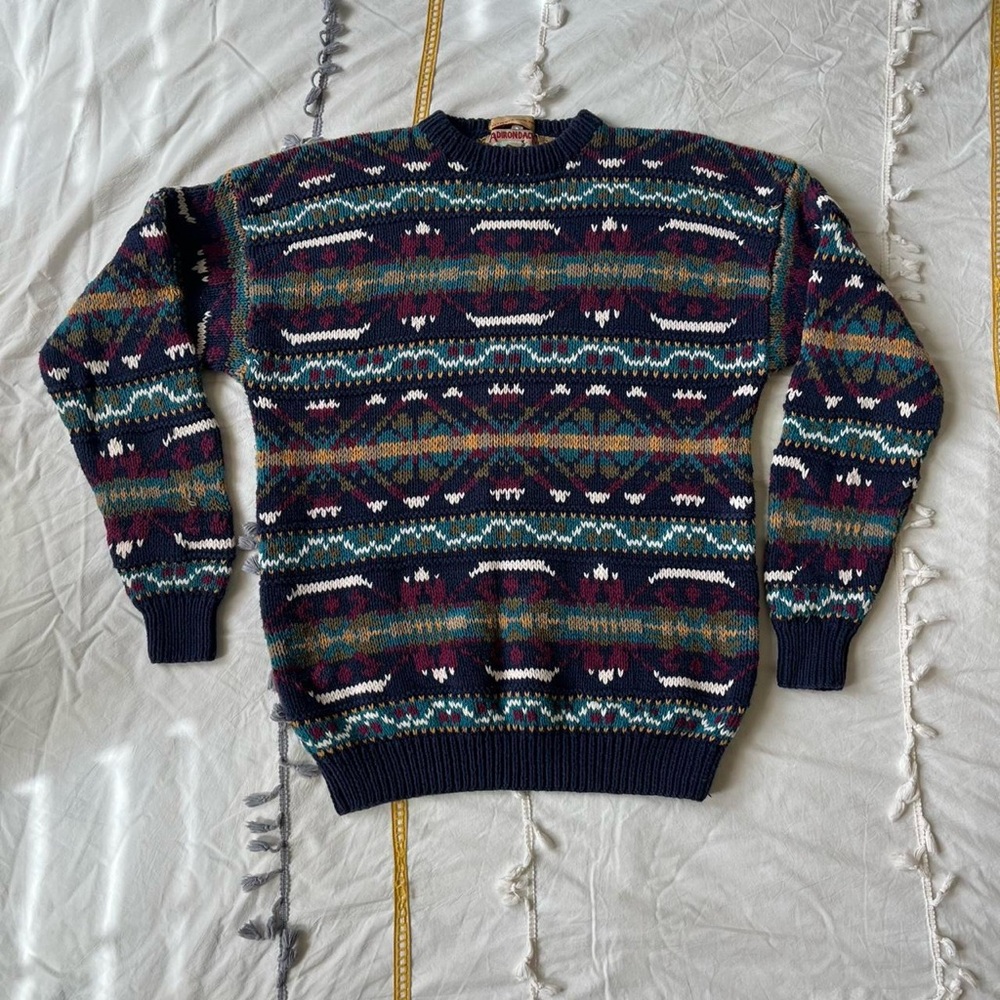 Vintage Multicolor Patterned Hand-Knit Men's Sweater